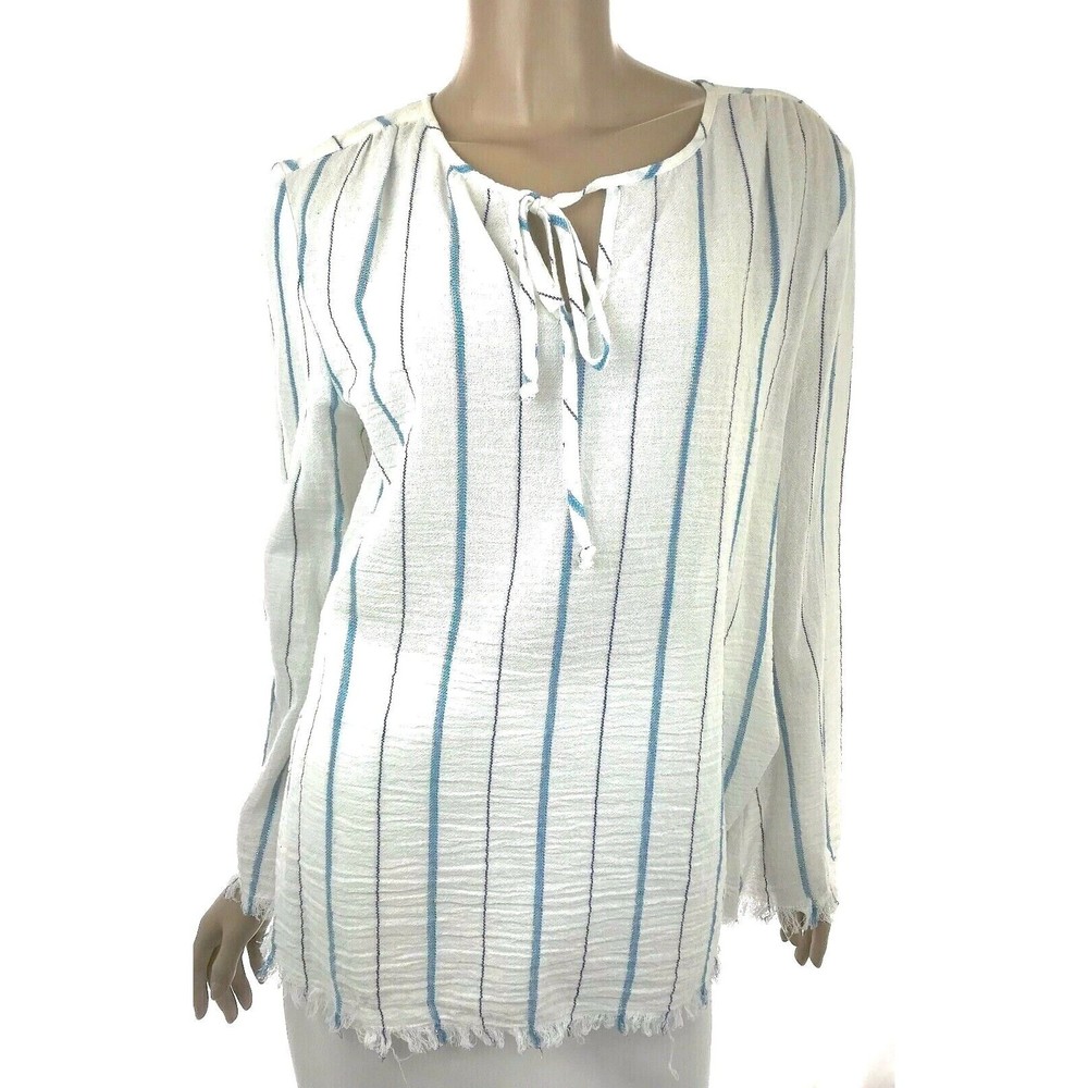 Drew Size M Top Blouse White w/ Blue Metallic Stripes Ties Raw Hem Cotton Blend